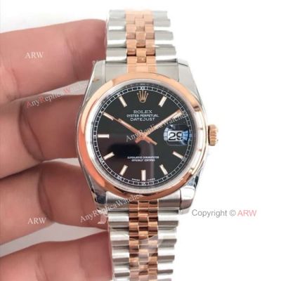 AR Factory V2 Rolex Datejust Black Face Two Tone Rose Gold Watch - 3135 Movement